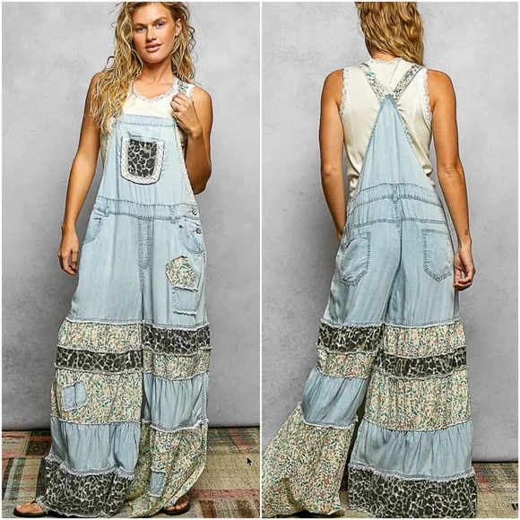 POL Floral Leopard Print Light Wash Wide Leg bib Overalls - Picture 1 of 4